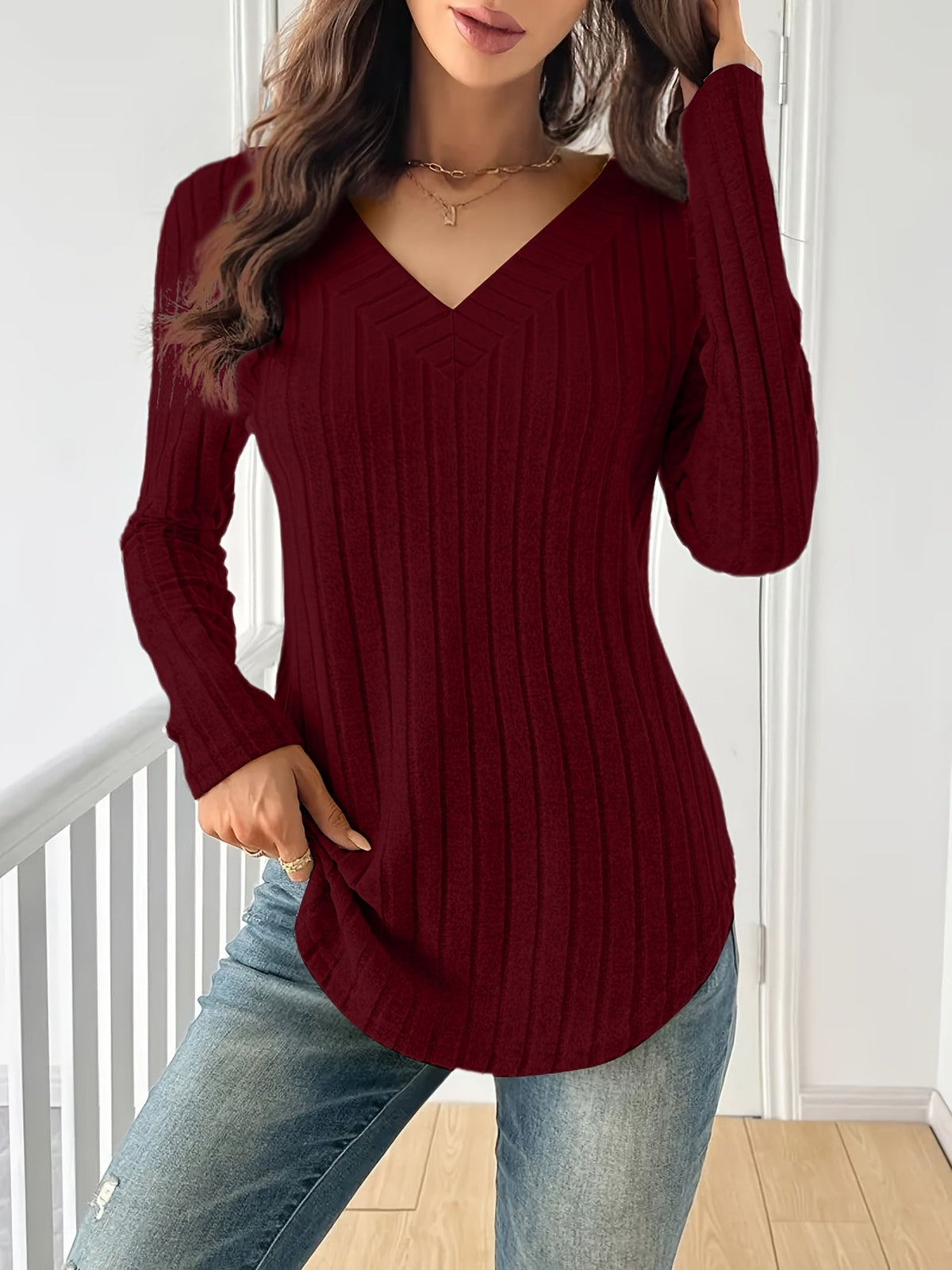 Women's Spliced V-Neck Ribbed Long Sleeve T-Shirt – Soft Stretch Solid Color Casual Top for Spring Fall Winter | Multi-Color S-XXL