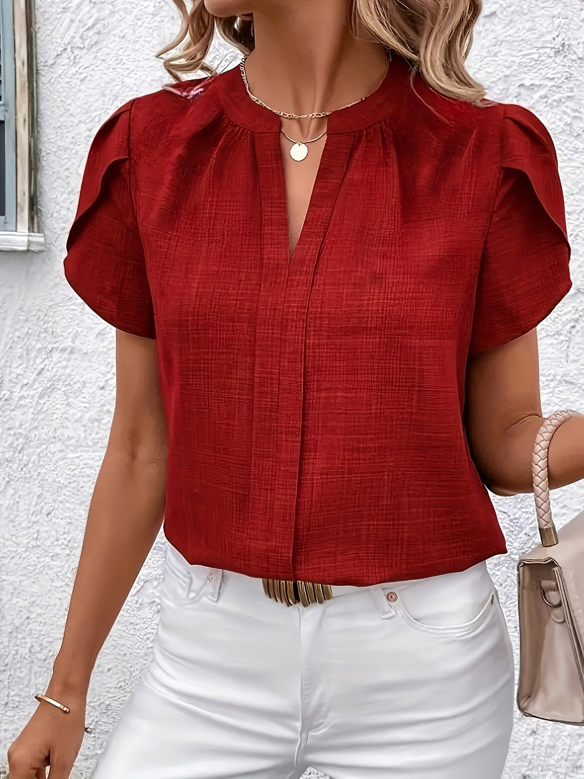 Women's Petal Sleeve V-Neck Shirt Elegant Notched Collar Solid Color Blouse Spring Summer Fall Top S-XL 6 Colors