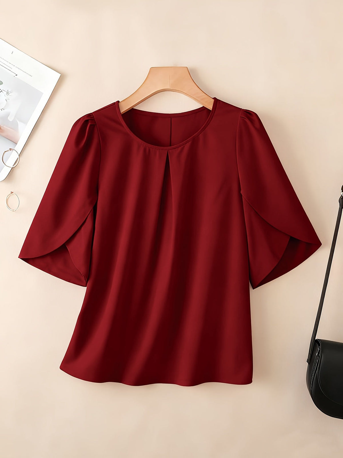 Women's Chest Pleated Ruffle Cuff Short Sleeve Blouse – Elegant Semi-Sheer 100% Polyester Woven Crew Neck Split Sleeve Fashion Shirt