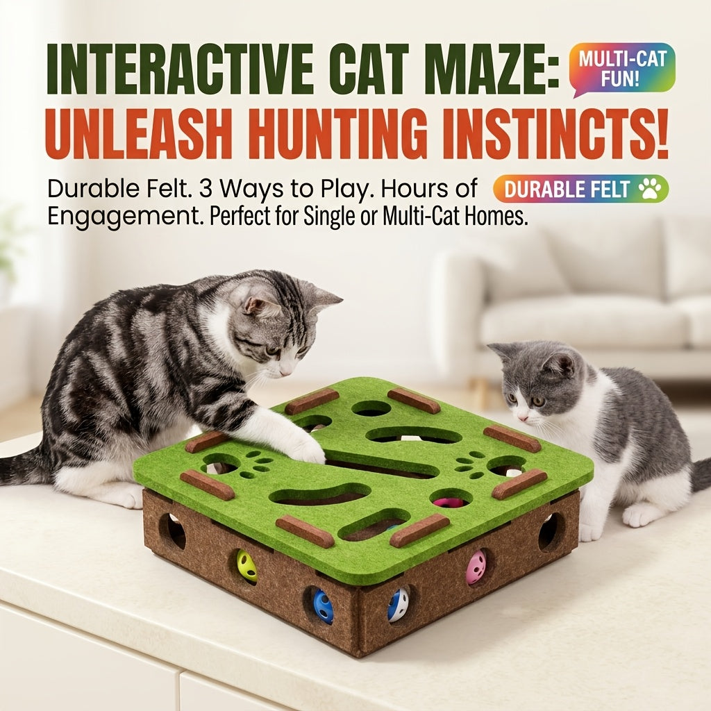 Felt Cat Treasure Hunt Maze Toy Tray - Interactive Ball Retrieval Educational Toy Box, No-Tool Assembly, Detachable Cover for Easy Cleaning, Scratch-Proof Thickened Felt, Upgraded Model, Green