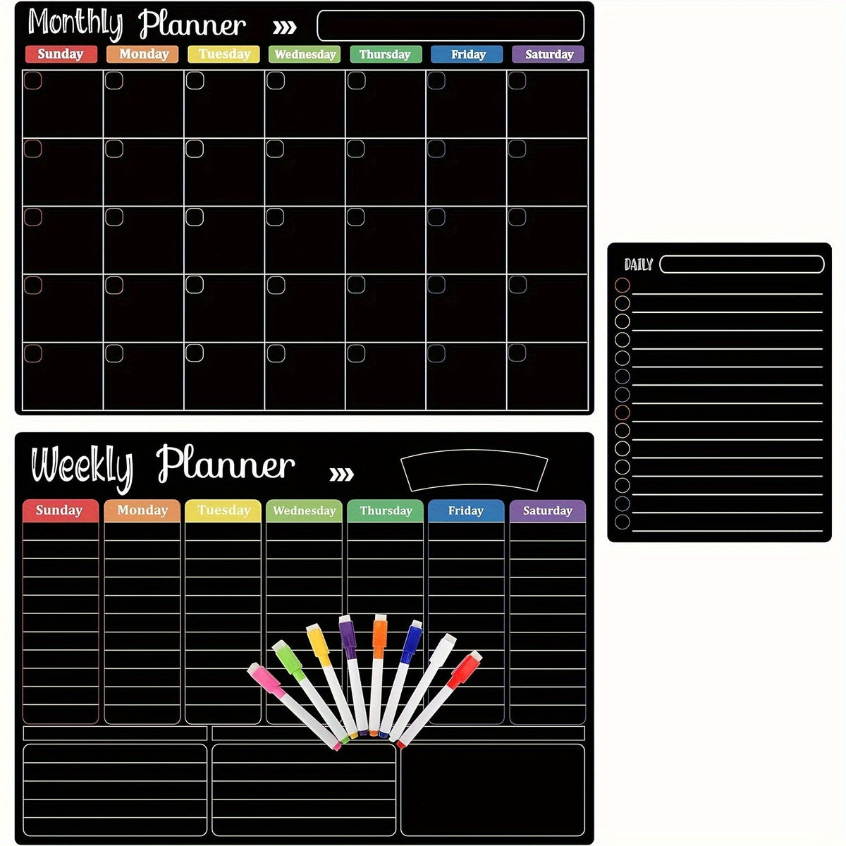 Hivillexun Black Magnetic Dry Erase Board Set of 3 – Monthly, Weekly & Daily Planner Boards for Refrigerator & Wall, Family Organizer Calendar with 8 Dry Erase Markers Included