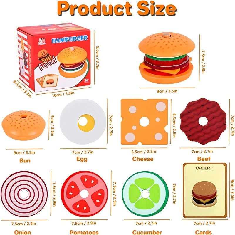 Wooden Stacking Hamburger Toy Set Fine Motor Skill Game with Food Pieces & Order Cards Montessori Pretend Play Toy for Toddlers Ages 3+ Birthday Halloween Thanksgiving Christmas Gift