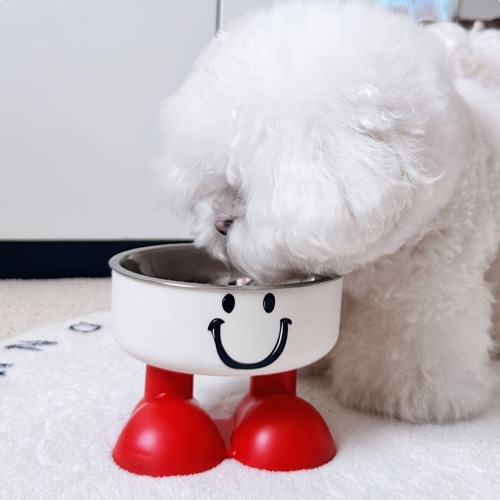 Elevated Stainless Steel Cat & Dog Bowl with Cute Face Design – High-Legged Raised Pet Food Bowl, Anti-Tip Cervical Spine Protection, Non-Slip Cat Food Bowl and Dog Bowl for Indoor Pets