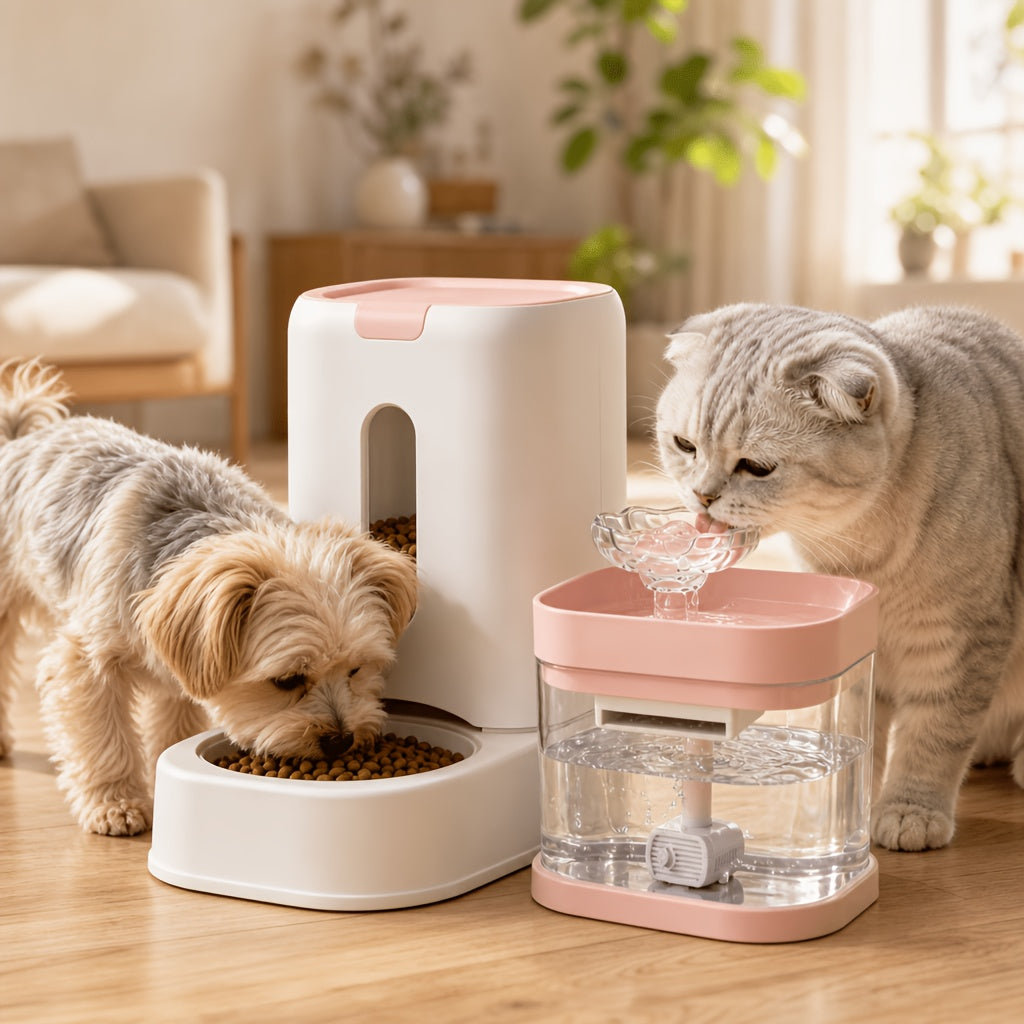 Automatic Pet Food & Water Dispenser 2-in-1 Set – 121oz Auto Cat Food Feeder + 60oz Water Fountain with No-Jam Design for Indoor Cats & Small Dogs
