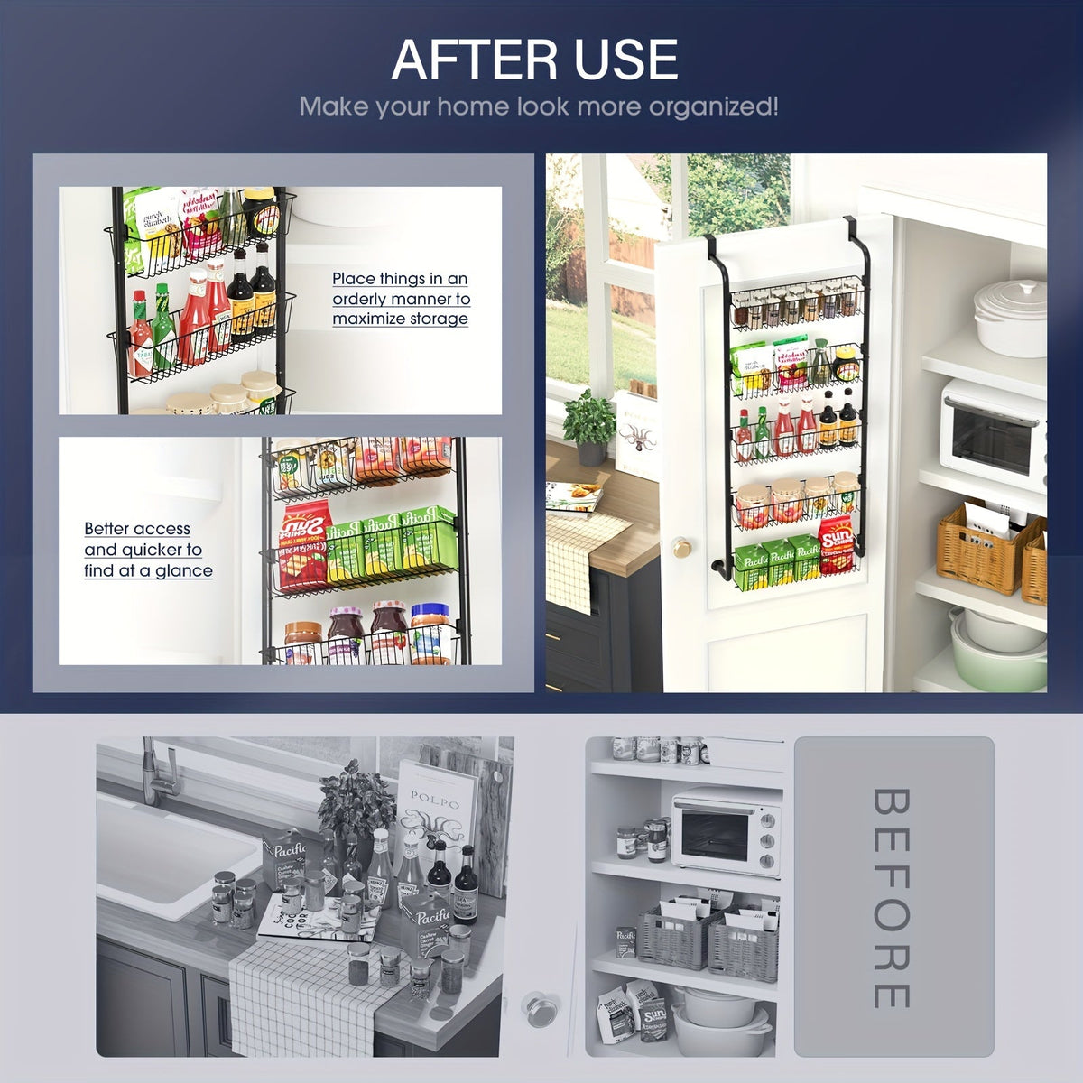 Over the Door Pantry Organizer 6 or 8 Shelf - Heavy-Duty Metal Hanging Storage Rack for Kitchen, Bathroom & Laundry Room, Space-Saving Spice & Food Organizer, Black or White