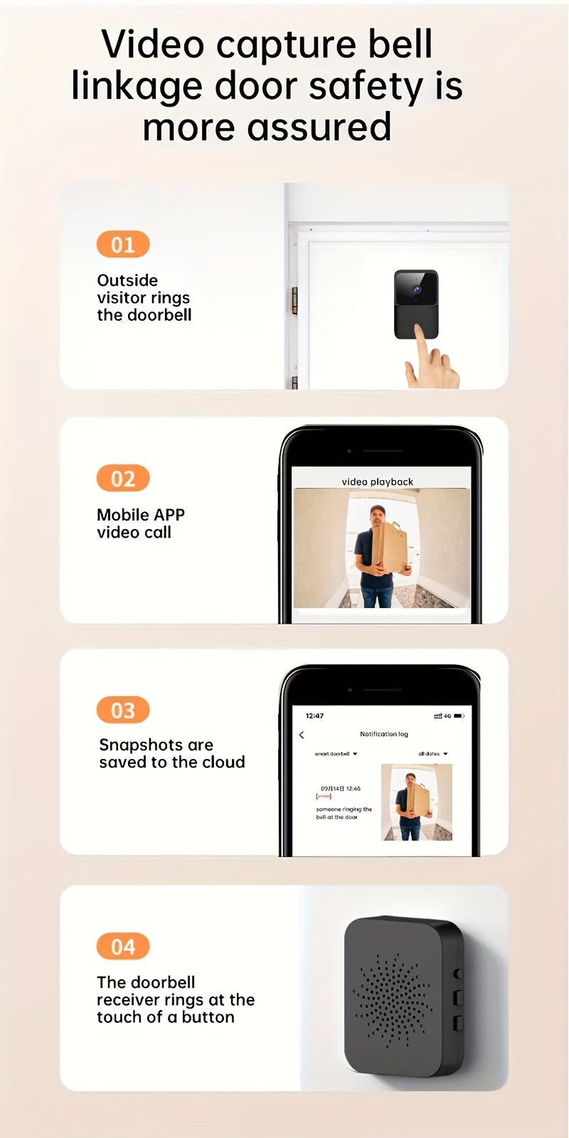 Wireless Video Doorbell Camera with HD Night Vision, Motion Alerts & Two-Way Audio – Smart WiFi Doorbell, Remote Mobile View, Voice Changer, Rechargeable Battery, 2.4GHz, Home Security