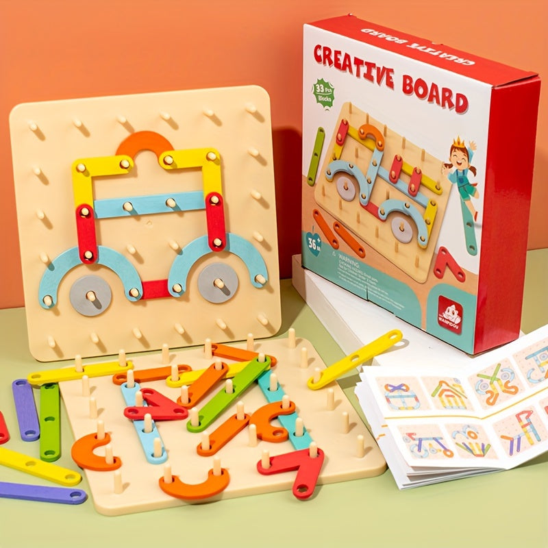 Wooden Nail Board Puzzle Toy for Kids – Creative Geoboard with Letters Numbers & Geometric Shapes, Montessori Sensory Educational Toy, Parent-Child Building Activity, Birthday Halloween Christmas Gift for Boys Girls