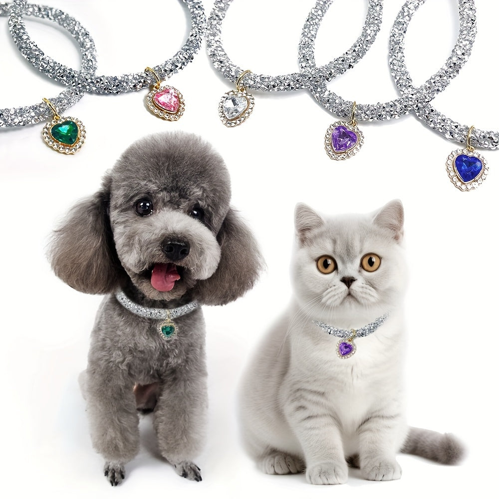 Cat Collar Necklace with Rhinestone Heart Pendant - Cute Bling Pet Collar for Cats & Small Dogs, Adjustable Breakaway Safety Collar, Fashion Pet Jewelry Accessory