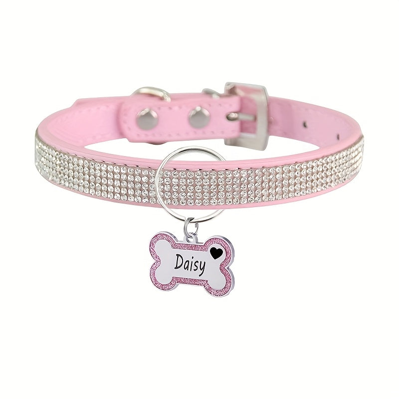 Personalized Pet Collar with Rhinestone Diamond Decoration & Free Engraved ID Tag – Adjustable Anti-Lost Cat & Dog Collar – Japanese Style Bling Collar for Small Medium Dogs & Cats, Multiple Colors & Sizes