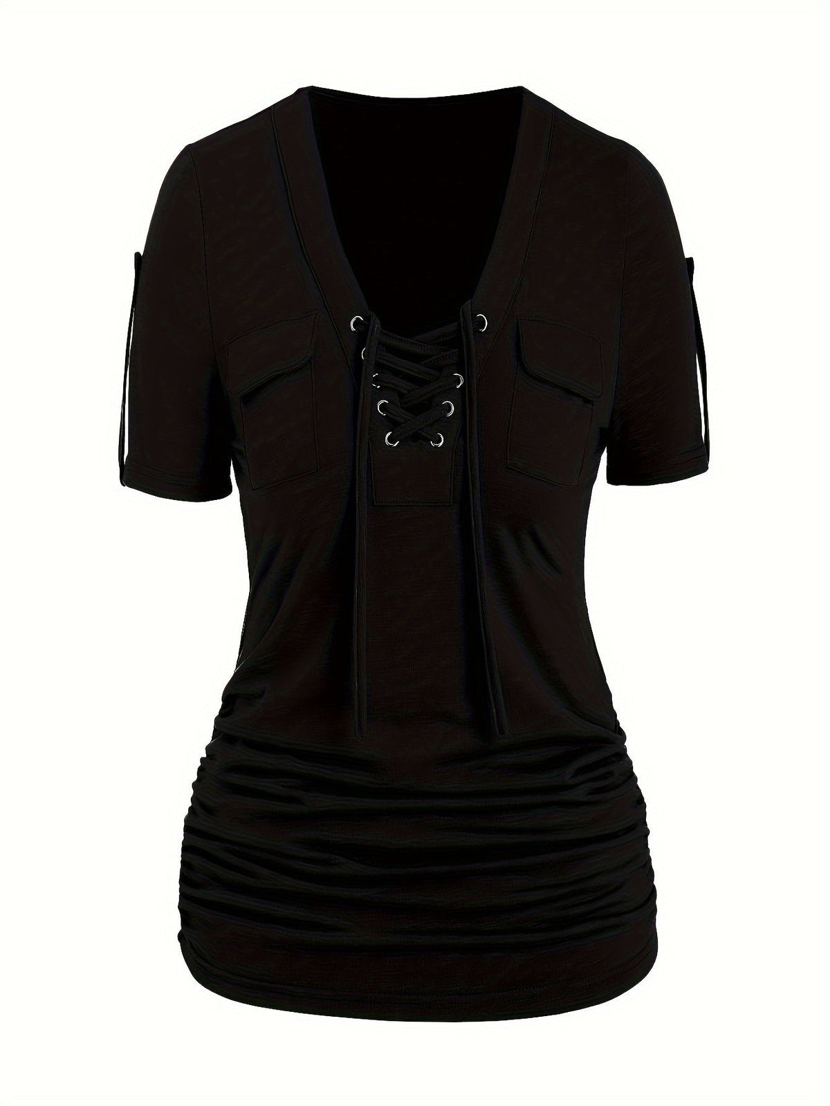 Women's Front Eyelet Strappy T-Shirt V-Neck Casual Stretch Smooth Knit Spring Summer Fall Everyday Top Trendy Cutout S M L XL XXL