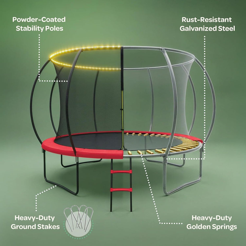 JoyBerri Outdoor Trampoline with Enclosure Net - 8FT to 16FT Backyard Trampoline for Kids & Adults, Heavy Duty Anti-Rust Frame, LED Lights, Sprinkler & Ladder Included | Family Fitness Fun Gift