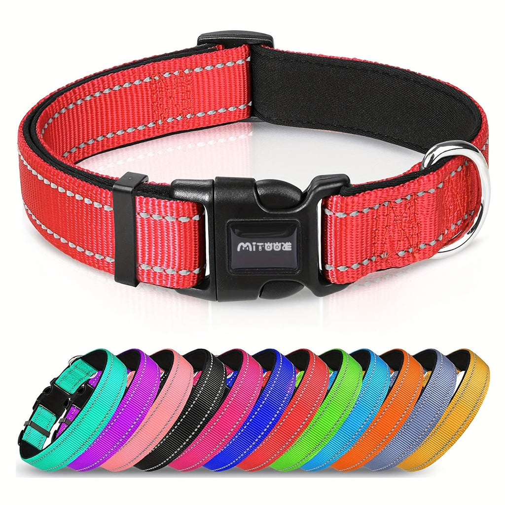 Reflective Neoprene Dog Collar with Comfort Padding - Adjustable Elastic Fit for Medium & Large Breed Dogs, Soft Padded Safety Collar for Training & Walking with High-Visibility Reflective Strip for Night Safety