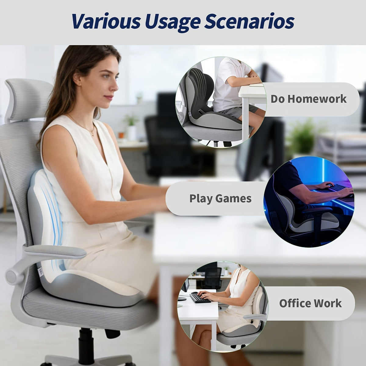 Lumbar Support Cushion for Office Chair & Car Seat – Memory Foam Lower Back and Hip Support Pillow, Ergonomic Breathable Design for Prolonged Sitting, Driving, Work from Home, Multiple Colors