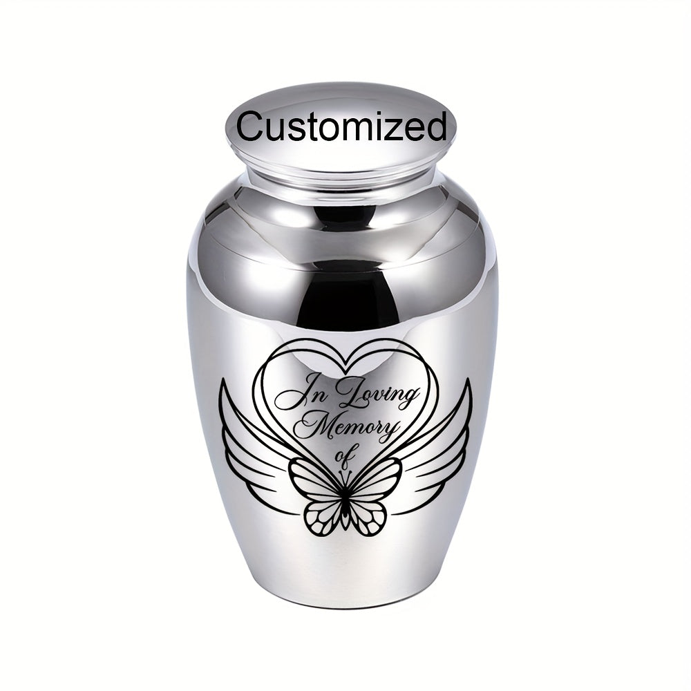 Personalized Mini Cremation Urn for Ashes - Custom Aluminum Alloy Keepsake Urn with Angel Heart Butterfly Pattern for Human & Pet Ashes, Small Memorial Ash Holder, Silver Gold Purple Lid Options
