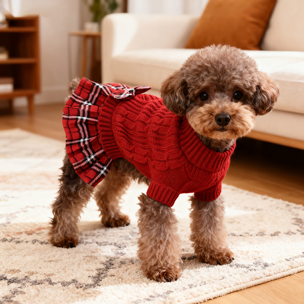 Dog Christmas Sweater Dress for Small Dogs with Bowtie Turtleneck Warm Knitted Puppy Sweater Dress with Leash Hole for Chihuahua Yorkie Havanese Bichon – Holiday Winter Dog Clothes Xmas Pet Outfit