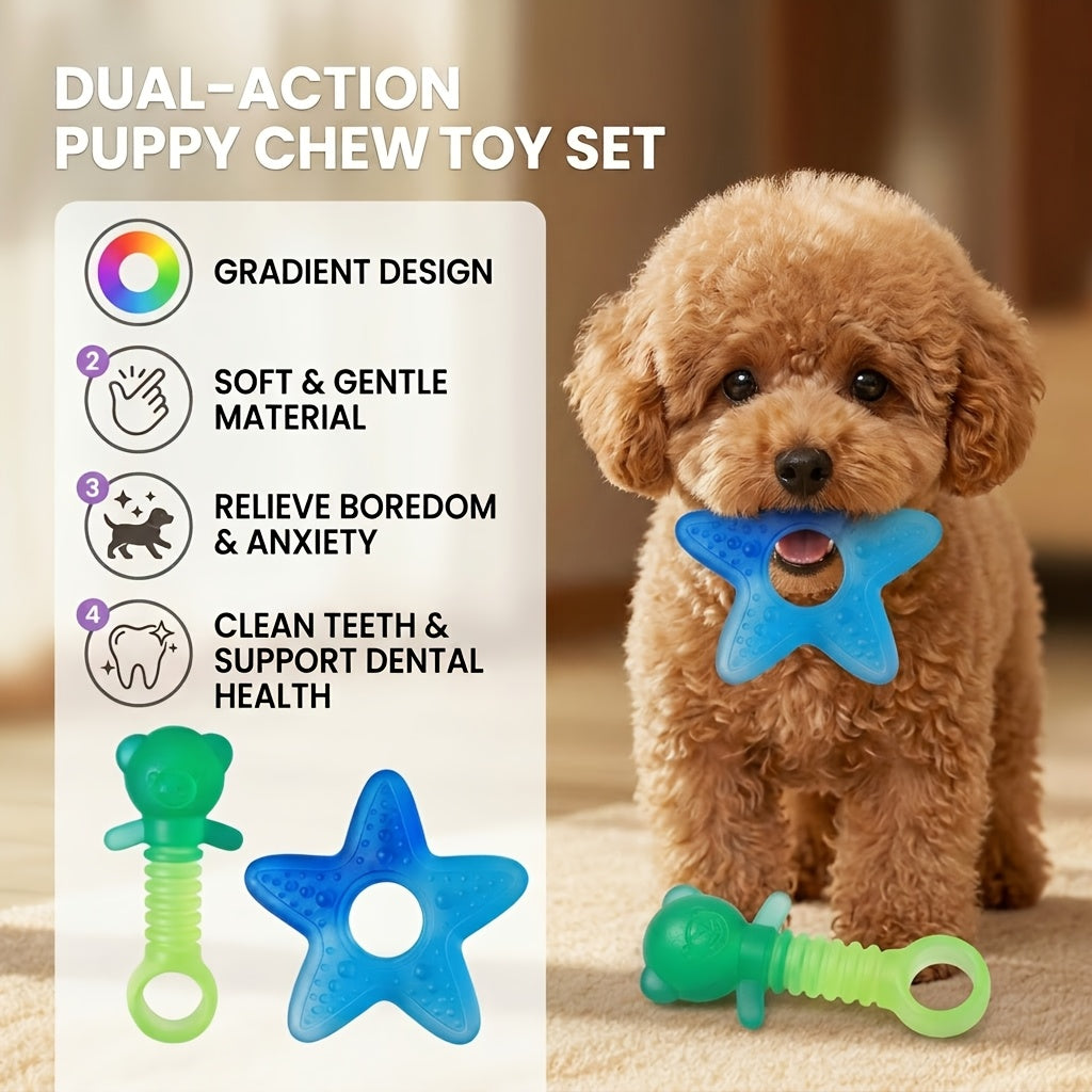 Puppy Chew Toys for Aggressive Chewers 2-Pack – Heavy Duty PVC Bear & Starfish Teething Set for Small Dogs, Teeth Cleaning Dental Chew, Separation Anxiety & Boredom Relief, Gradient Color Puppy Gift Set