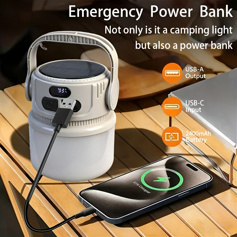 Solar Rechargeable LED Camping Lantern 6 Modes - USB Power Bank, Hook, 4-8 Hour Battery, Portable Outdoor Light for Tent Camping, Hiking, Mountaineering & Emergency