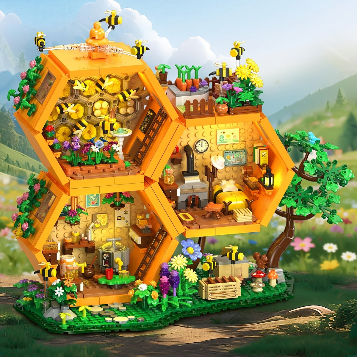 Beehive Building Set 1773 Pieces Treehouse Decorative Model with Flowers Animals & Botanical Motifs – Creative Building Blocks Gift for Adults Boys & Girls