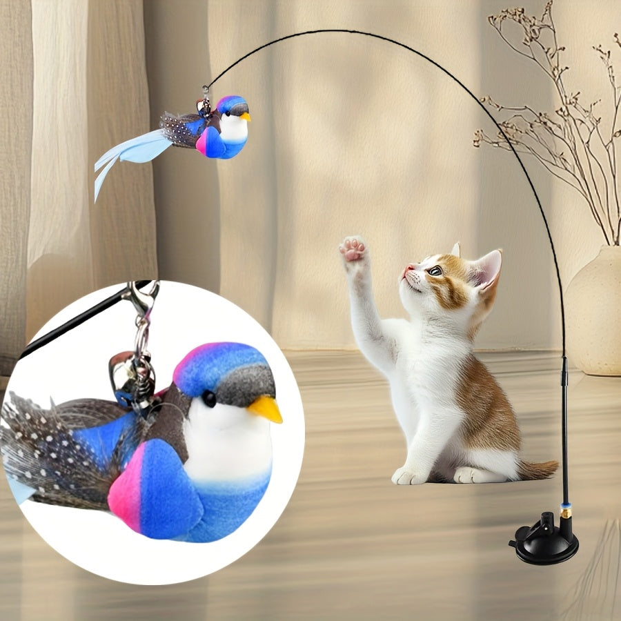 Cat Teaser Wand Toy with Simulation Bird & Suction Cup Base - Interactive Feather Bell Rod Set for Cats Kittens Hunting Exercise Solo Play No Battery Indoor Cat Toy Gift