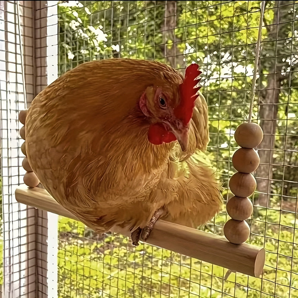 Wooden Chicken Swing Toy Natural Handmade Tangle-Free Bird Stand with Elastic Rope Beads for Chickens Ducks Parrots Poultry Farmhouse Coop Accessory Large Durable