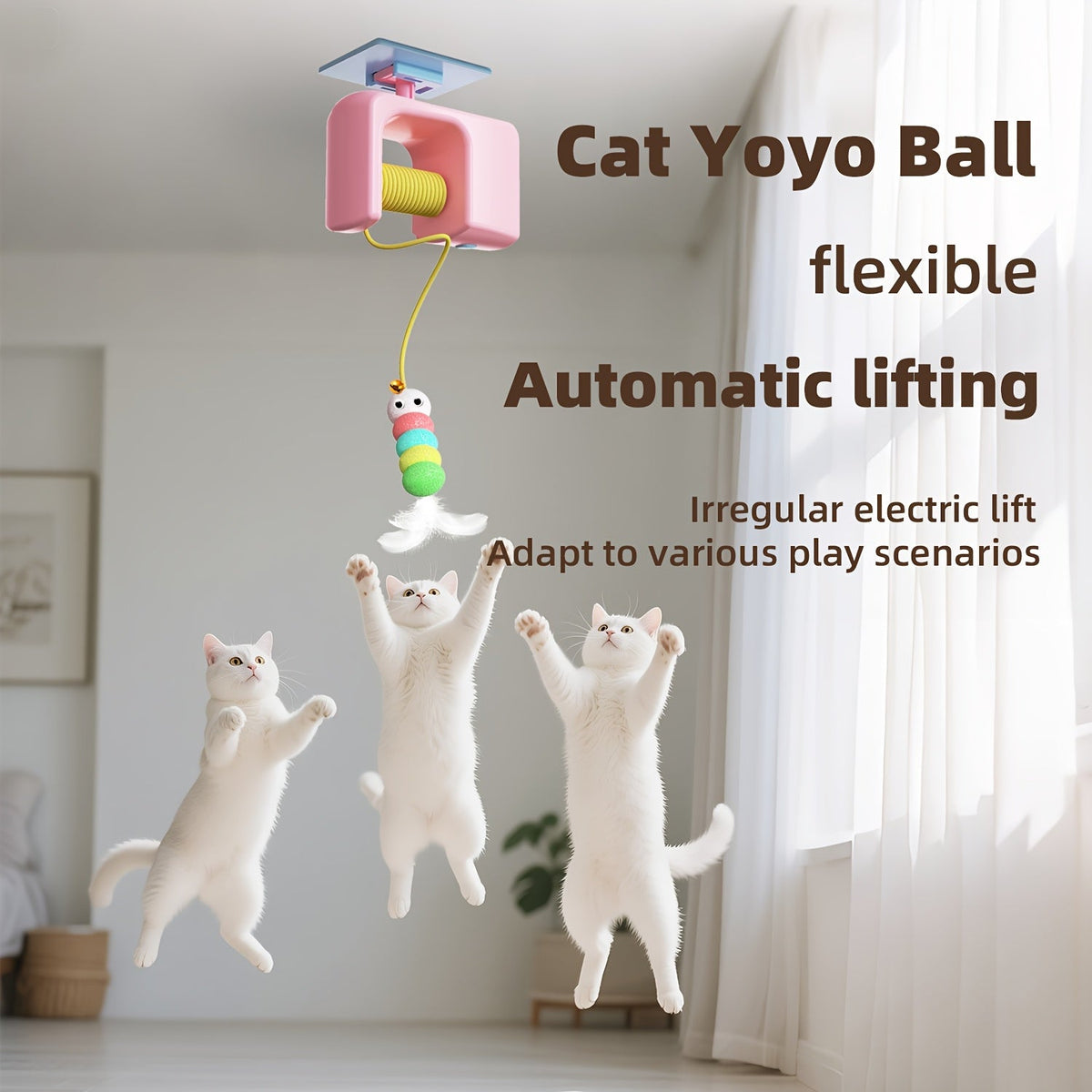 Automatic Swing Door Cat Toy USB Rechargeable - Interactive Hanging Feather Ball for Door & Window, Self-Play Entertainment Toy for Indoor Cats All Breeds, Busy Pet Owner Hands-Free Cat Teaser