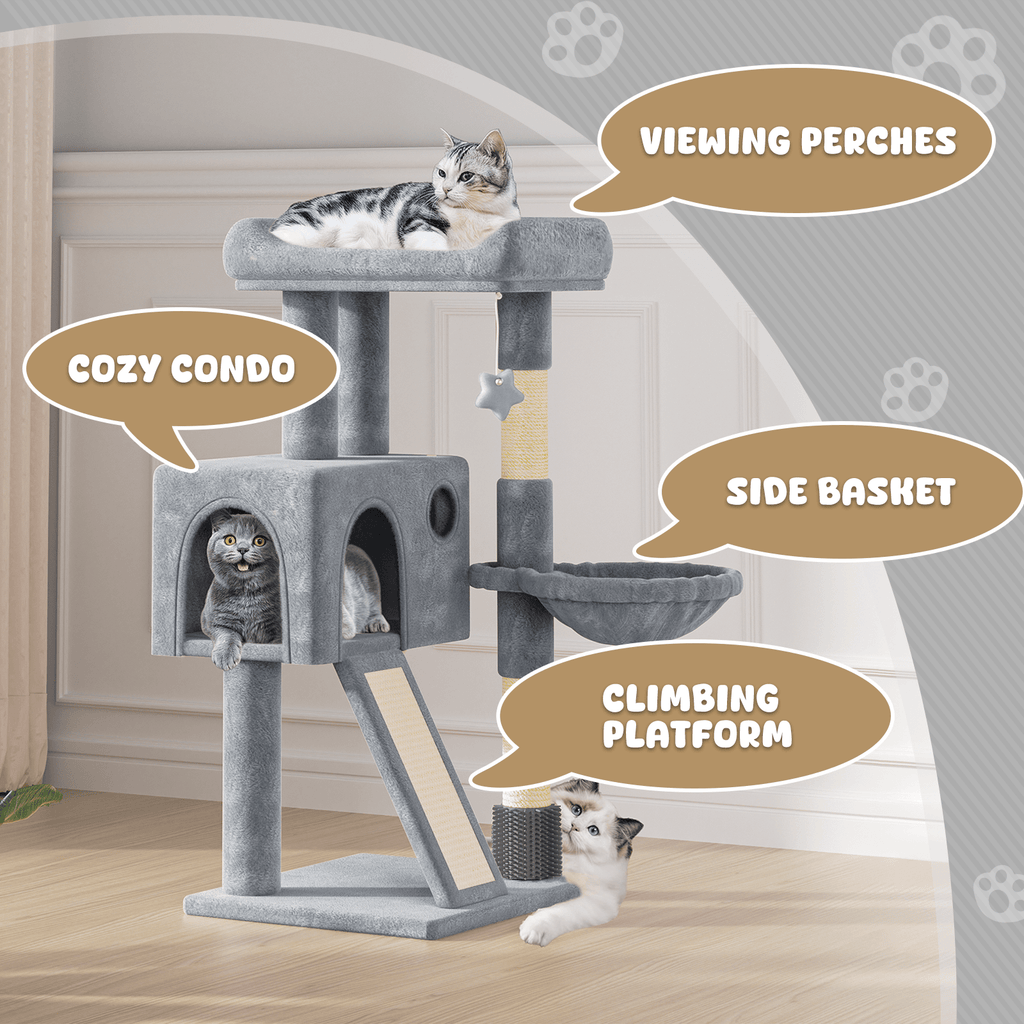36 Inch Multi-Level Cat Tree Tower with Cat Condo Apartment Hammock Sisal Scratching Posts & Hanging Toys - Indoor Cat Climbing Playhouse for Cats Kittens - Plush Cat Villa Light Grey Smoky Grey