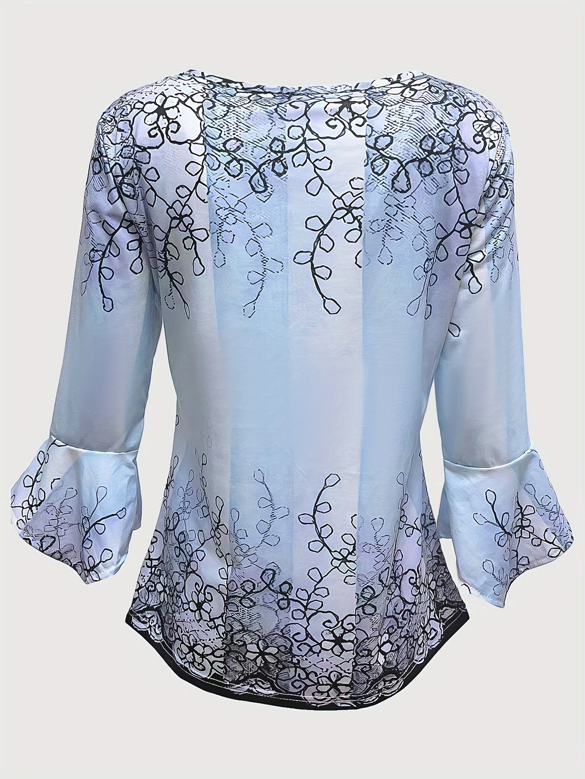 Floral Print Button-Front Blouse Women Ruffle Flare Sleeve Casual Tunic Top Soft Stretch Knit Fabric Spring Summer Fall S-XXL Machine Washable