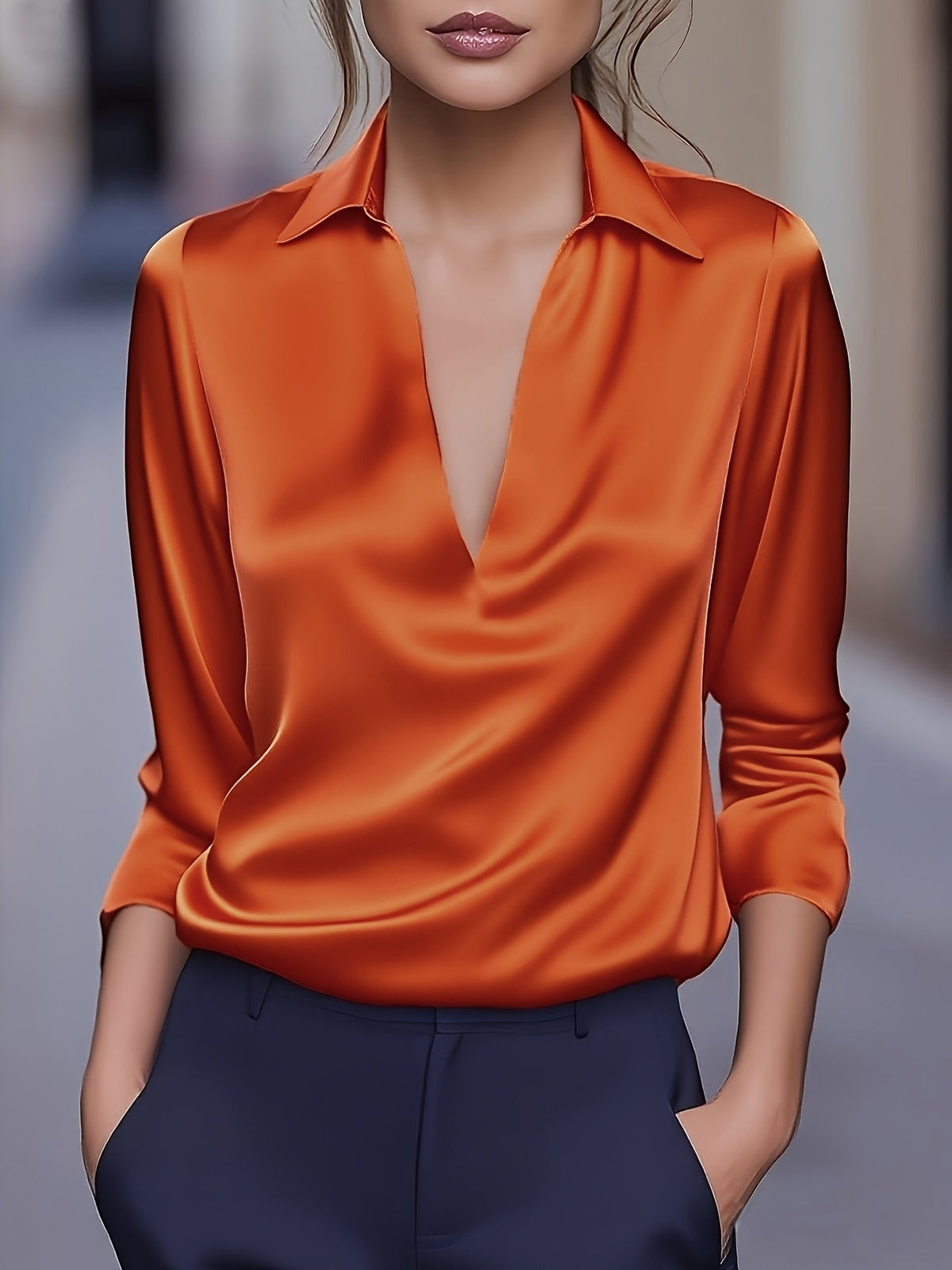 V-Neck Satin Blouse Women Elegant Solid Color Long Sleeve Loose Fit Casual Office Shirt Top S M L XL XXL Multi Color