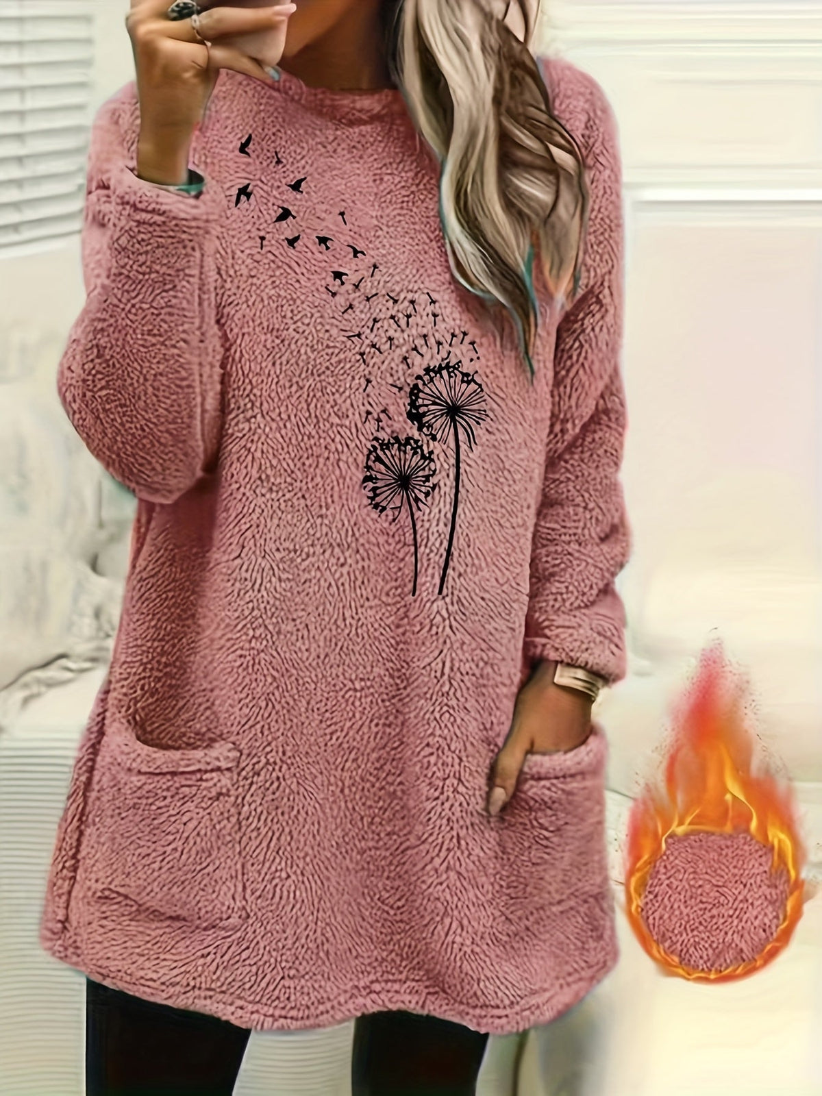 Dandelion Print Sweatshirt Women - Cozy Fleece-Lined Long Sleeve Pullover, Soft Stretch Casual Fall Winter Top, S-XXL
