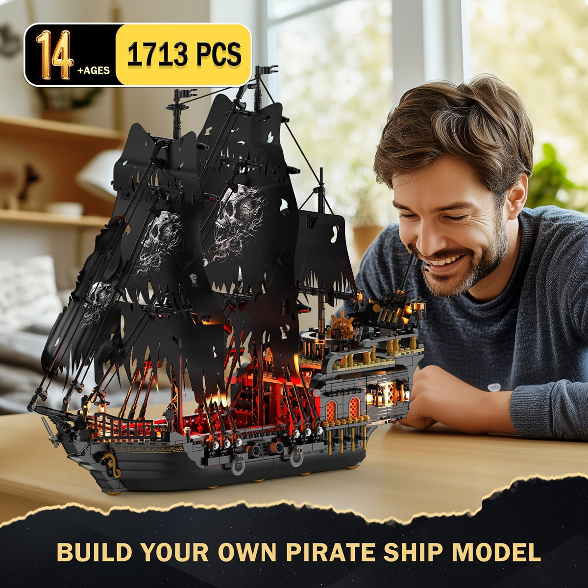 1713 Pcs Pirate Ship Building Toy Set Model Boat Kit Black Ship Home Office Desk Decor Halloween Christmas Gift for Adults Teens 14+ Building Blocks