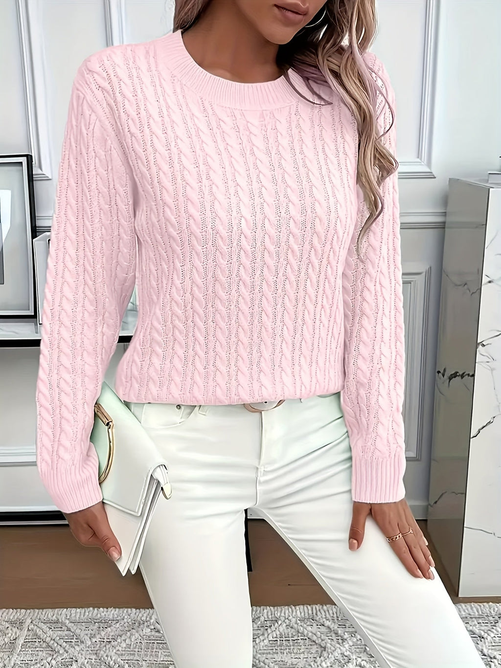 Women's Round Neck Pullover Sweater – Soft Solid Color Knit Top for Casual & Formal Wear, All-Season Layering Essential, Sky Blue, Sizes XS-XXL