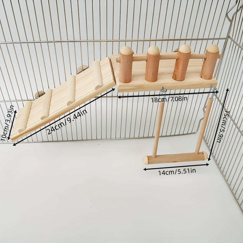 Wood Bird Perch Swing with Climbing Ladder - Multi-Level Radiata Pine Cage Gym Platform for Parrots Lovebirds Cockatiels Chinchillas Hamsters - Bird Play Stand Ladder Swing Cage Accessory