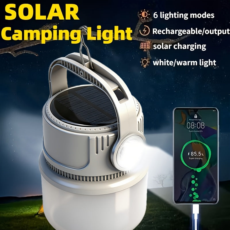 Solar Rechargeable LED Camping Lantern 6 Modes - USB Power Bank, Hook, 4-8 Hour Battery, Portable Outdoor Light for Tent Camping, Hiking, Mountaineering & Emergency