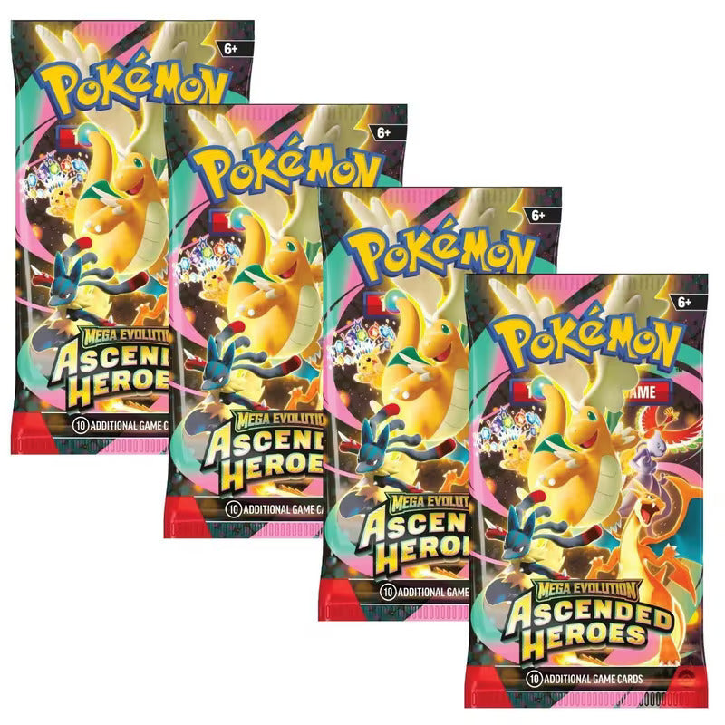 Pokemon TCG Scarlet & Violet Mega Evolution Ascended Heroes Booster Pack Lot of 4 Sealed Packs – 40 Cards Total – Mega Dragonite ex, Stellar Tera Pokémon ex – Authentic TCG Cards for Collectors & Players