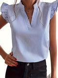 Women's V-Neck Puff Sleeve Loose Striped Blouse Casual Elegant Summer Top Lightweight Flowy Shirt for Women Blue Green Pink Gray S M L XL