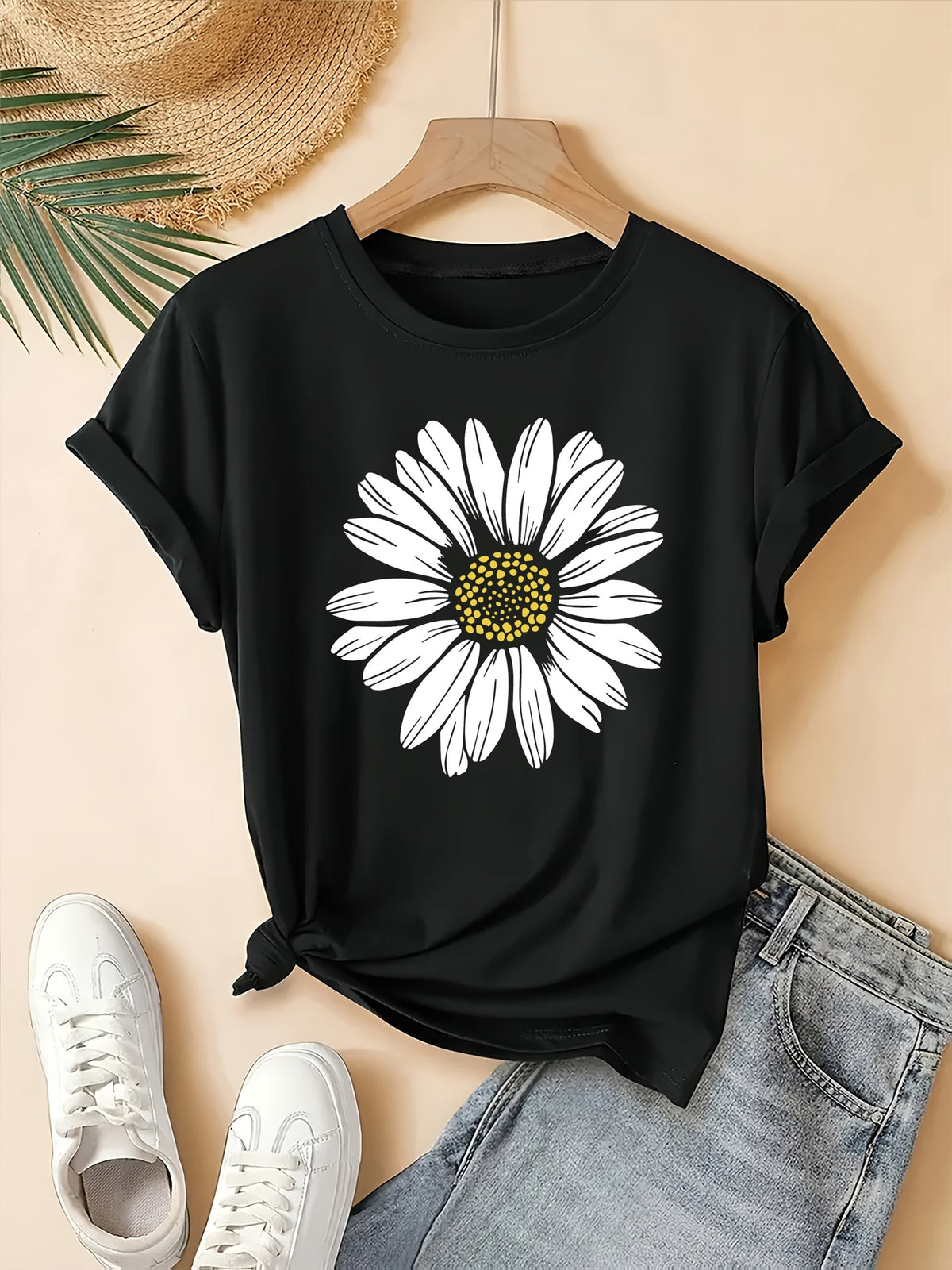Women's Daisy Flower Print Round Neck T-Shirt | Casual Summer Tops for Women Short Sleeve Tee Shirts Cute Floral Graphic Tshirts S M L XL XXL