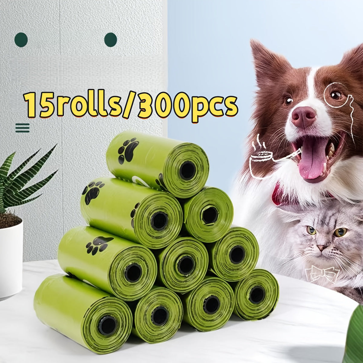 Dog Poop Bags 300 Count 15 Rolls - Thick Leak-Proof Pet Waste Bags with Cute Claw Print Design, Durable Bulk Dog Waste Bags for Outdoor Walks, Parks & Travel, Biodegradable-Friendly Pet Cleanup Bags