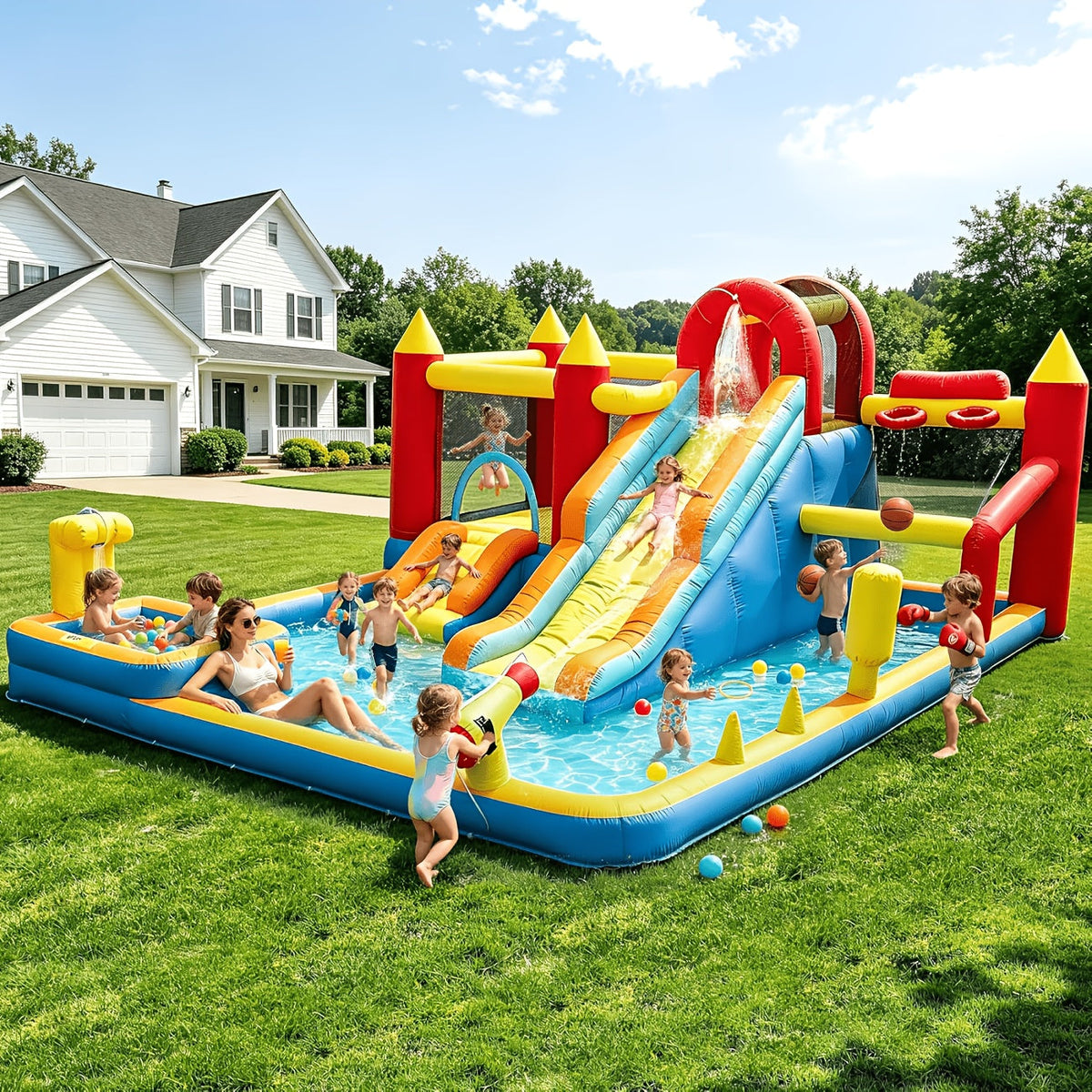 13-in-1 Inflatable Water Bounce House with 550W Blower, Dual Slides, Splash Pool, Water Cannon, Climbing Wall, Basketball Hoop, Fishing & Ring Toss - Kids Backyard Water Park Jumping Castle for Summer