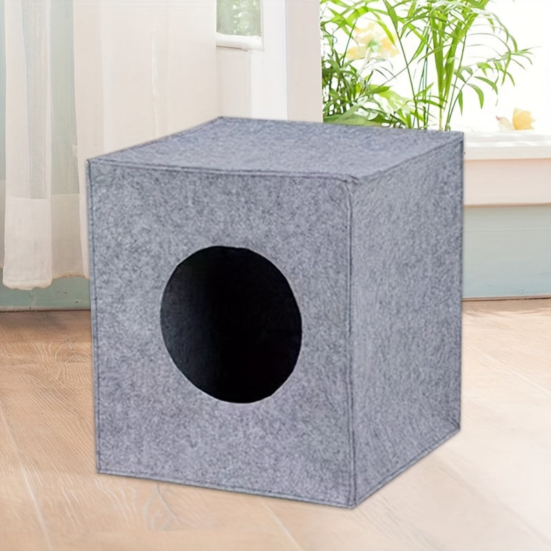 Square Felt Cat Bed Foldable Machine Washable – 3mm Thick Semi-Enclosed Cat House, Won't Collapse, All-Season Indoor Cat Cave for Sleeping & Playing, 13x14.5x13 Inch, Dark Gray & Light Grey