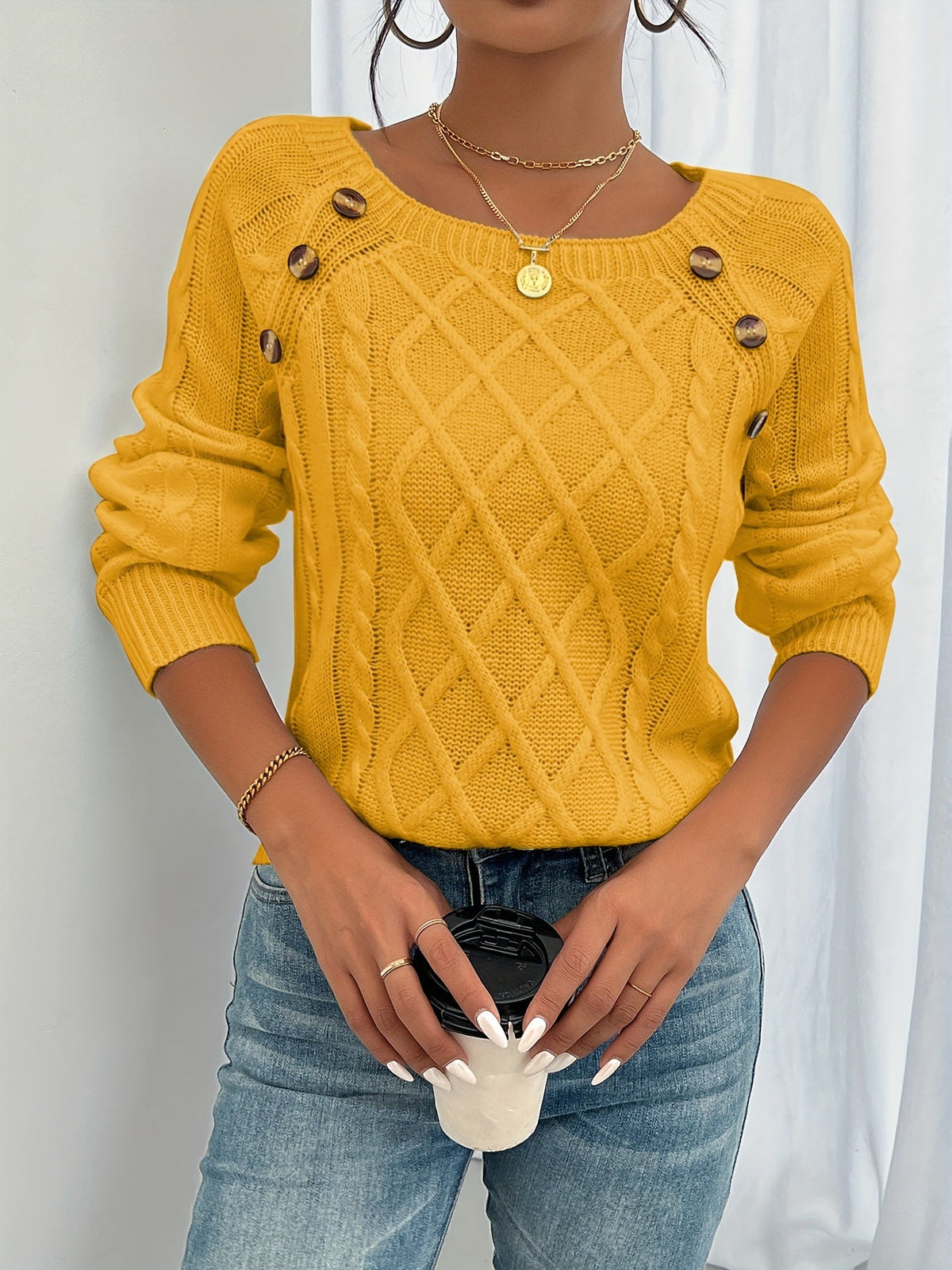 Women's Round Neck Lantern Sleeve Sweater Textured Button Knit Pullover Top for Fall Winter S M L XL XXL Multiple Colors