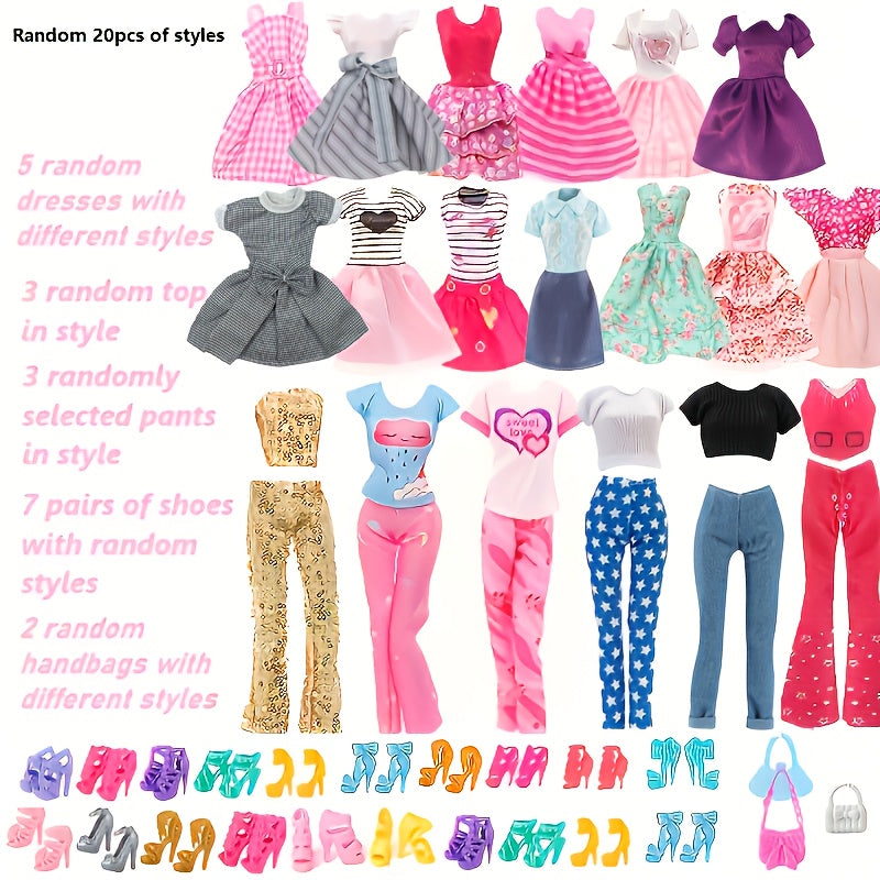 20pcs Fashion Doll Clothes and Accessories Set for 11.5-12 Inch Dolls - 5 Dresses 3 Tops 3 Pants 7 Pairs Shoes 2 Bags, Random Style Doll Outfit Gift for Girls, Christmas Birthday Present, Doll Not Included
