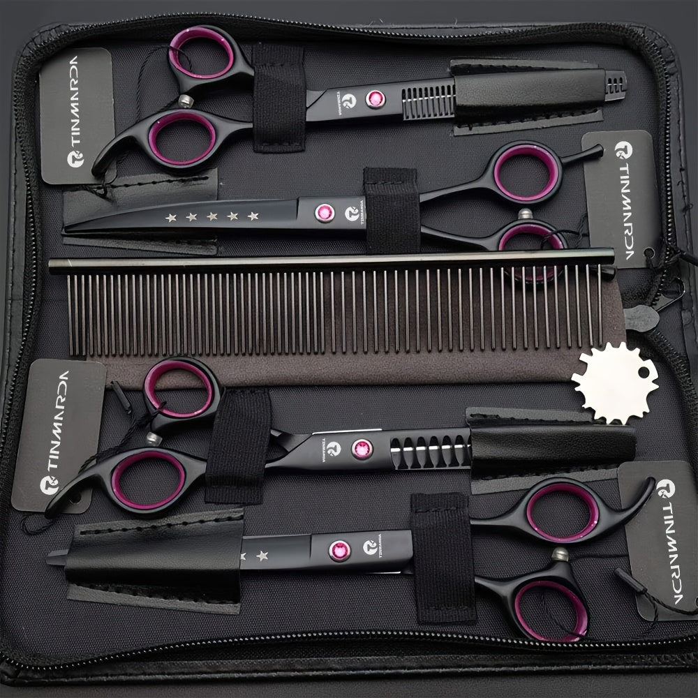 7 Inch Professional Dog Grooming Scissors Set 4-Piece Straight Thinning Curved Chunkers with Comb & Case 6CR Stainless Steel Sharp Durable Pet Grooming Shears Black