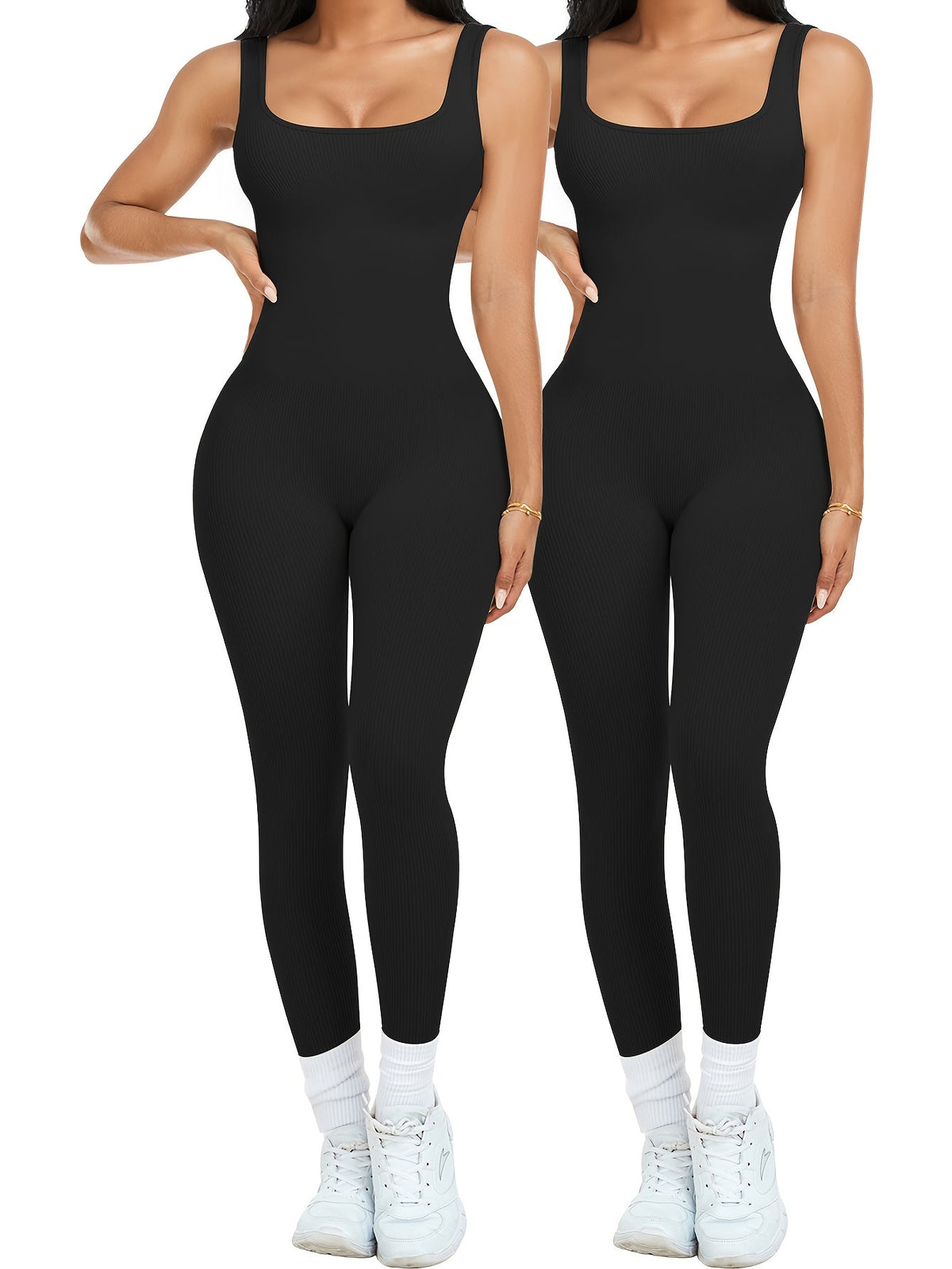 2-Pack Women's Sleeveless Square Neck Long Jumpsuit - 90% Nylon Thick Stretchy Impermeable Activewear Bodysuit for Yoga Pilates Running Fitness, Washable One-Piece Workout Suit Sizes S-XL