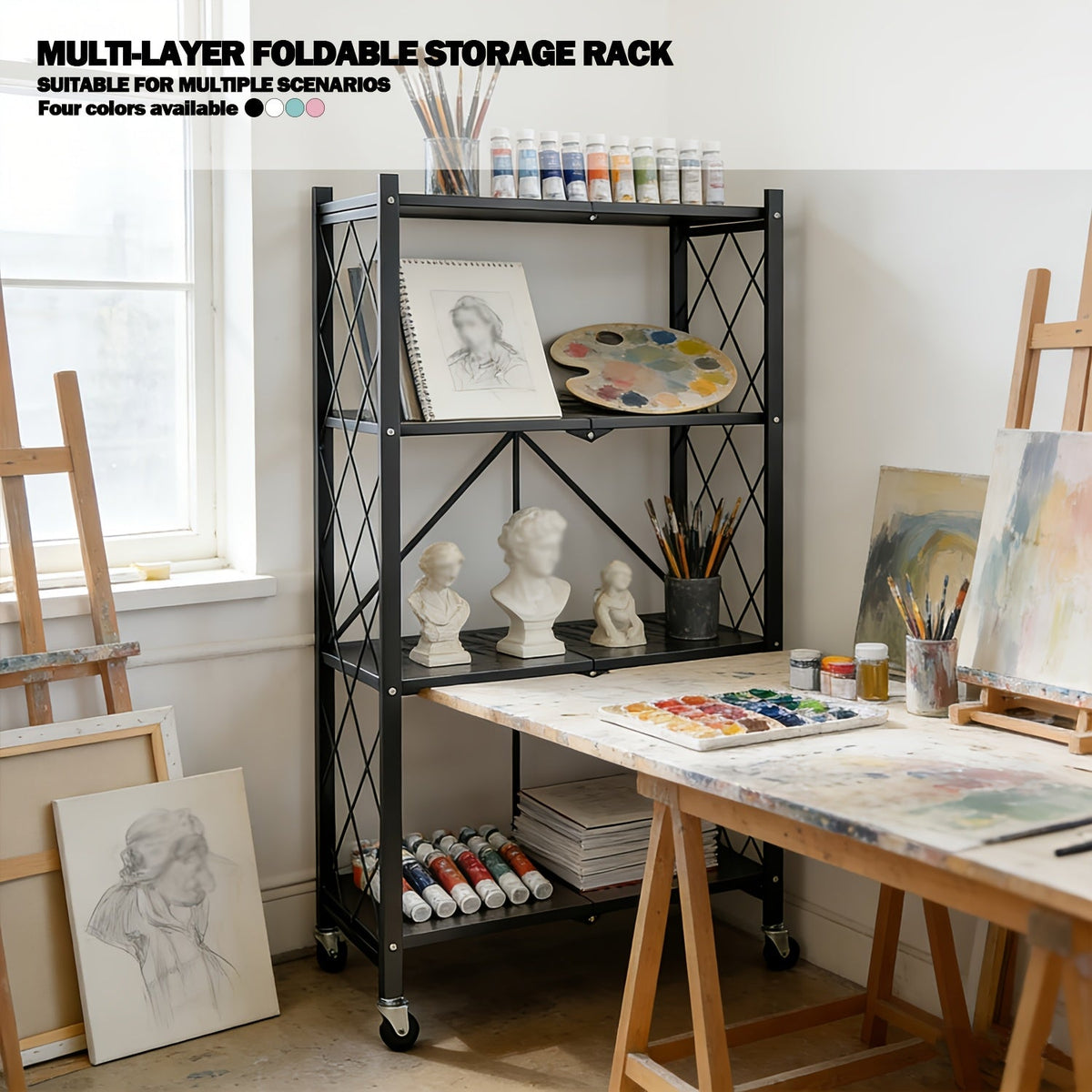 Heavy Duty Folding Storage Rack with Wheels – 3/4/5-Tier Portable Floor-Standing Shelf, No Assembly Required, for Home, Office, Bedroom & Dorm, 4 Colors Available