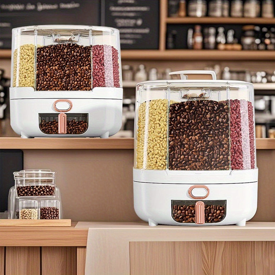 Rotating Cereal Dispenser 6-Grid Large Capacity Airtight Rice Storage Container, Moisture-Proof Insect-Proof Grain Dispenser with Transparent Window & Press Button, Food-Grade PP for Rice Grains Flour
