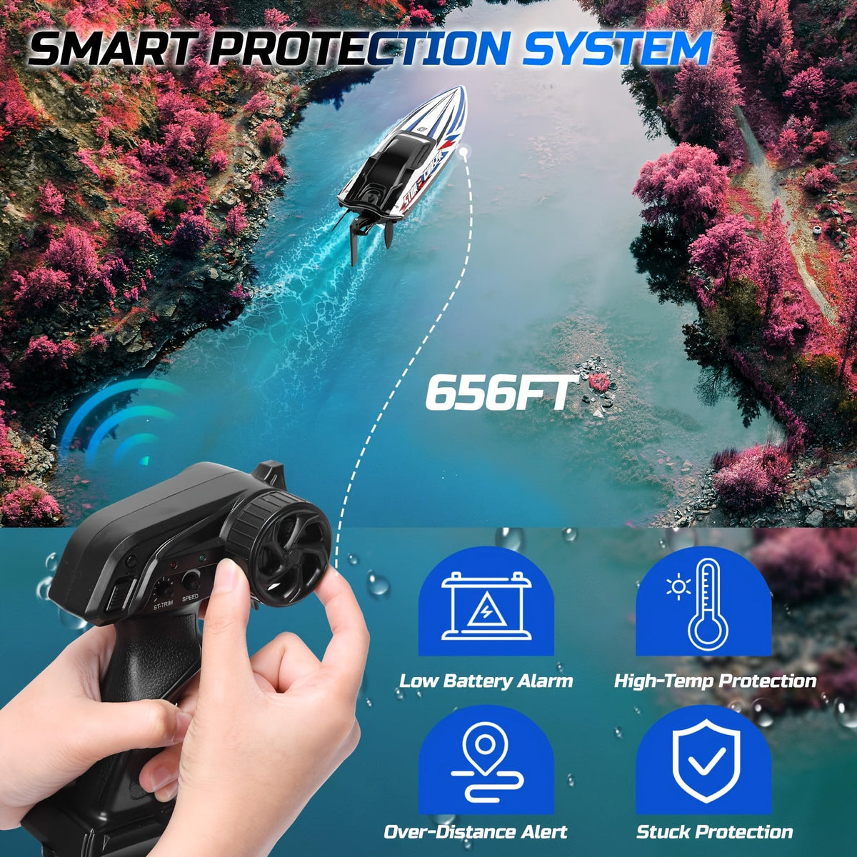 DEERC 16" Brushless RC Boat for Adults - Hobby Grade 35+ KPH Remote Control Racing Boat, 3S Power Self-Righting Metal Drive Shaft, 2x2000mAh Batteries & Carrying Case for Lakes Pools Rivers | Blue