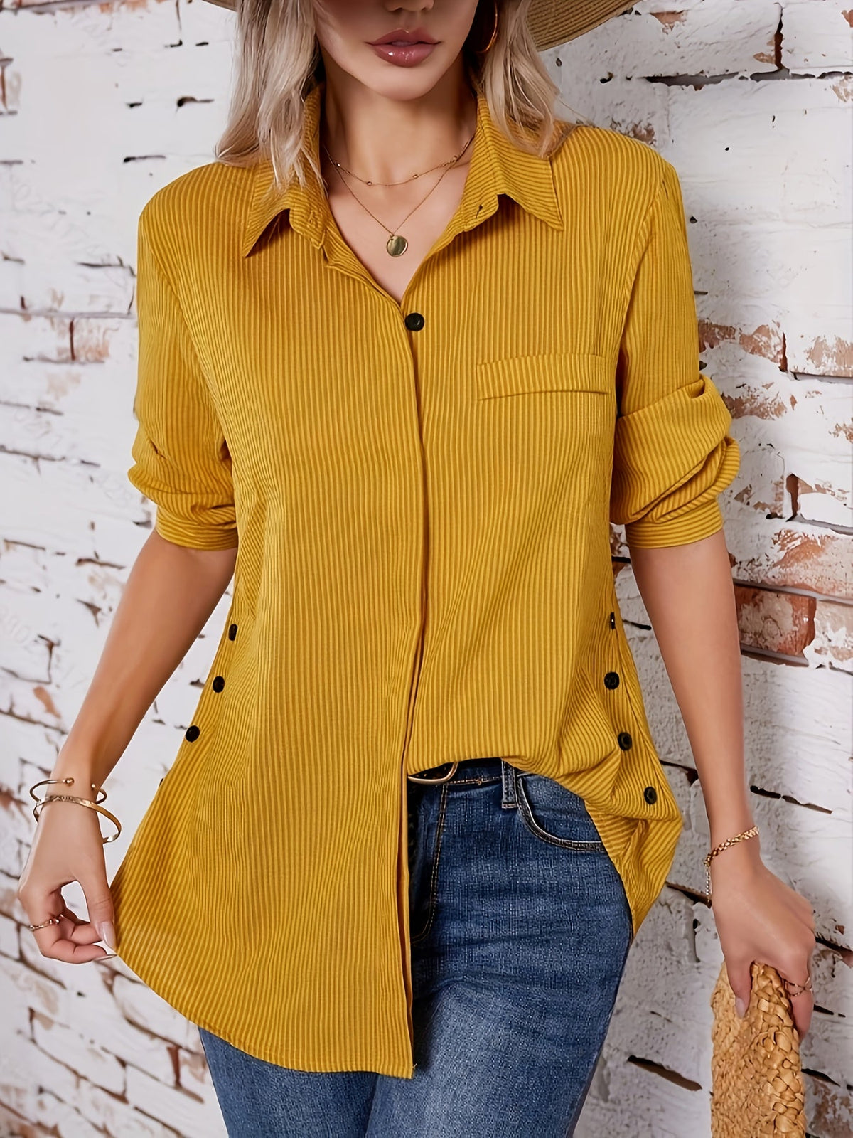 Women's Long Sleeve Striped Button-Up Shirt Lapel Collar Faux Pocket Casual Loose Blouse Top Yellow Olive Green Spring Fall S M L XL XXL