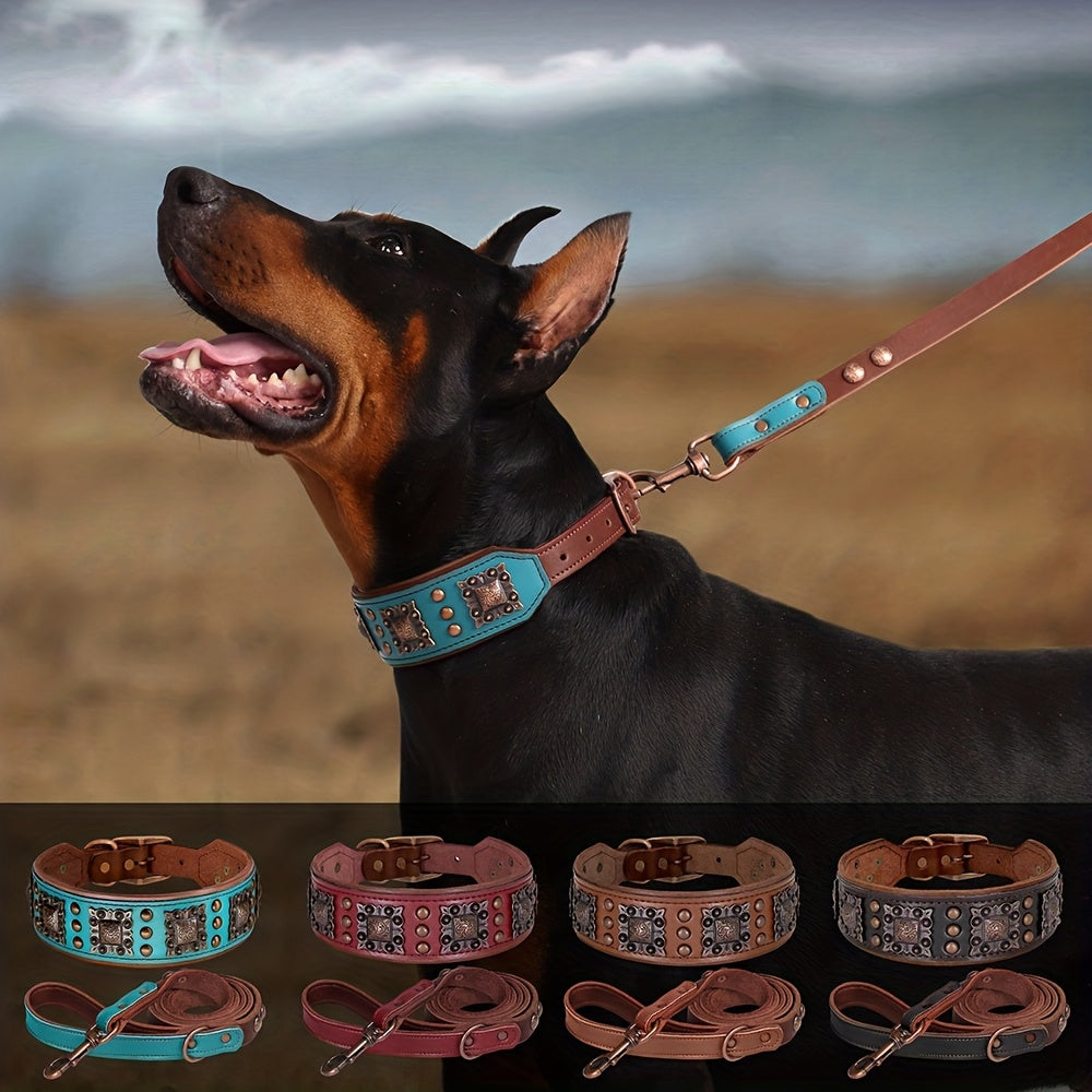 Heavy Duty Studded Leather Dog Collar for Medium and Large Dogs - Durable Real Leather with Metal Studs, Adjustable L XL XXL, 8 Colors, Strong Dog Collar for Large Breed Training Walking