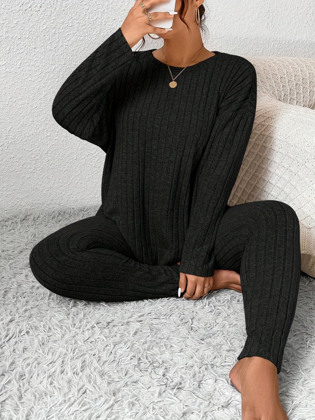 Women's Ribbed Two-Piece Set – Casual Soft 100% Polyester Crew Neck Long Sleeve Top & Pants Micro-Stretch Commuter Fashion Spring Fall Outfit