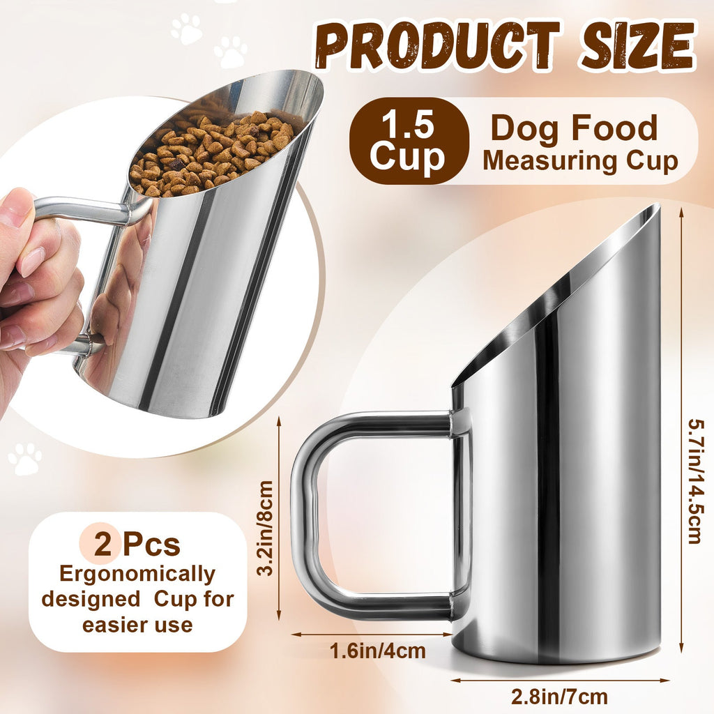 Stainless Steel Dog Food Scoop 2-Piece Set - 1.5oz & 12oz Durable Metal Pet Food Cup with Ergonomic No-Slip Grip Handle, Rust-Resistant Easy-Clean Dog & Cat Food Measuring Scoop for Kibble & Feed Buckets